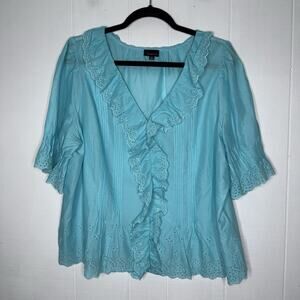 Talbots Women’s Embroidered Eyelet Ruffle Top Teal Blue Size XL